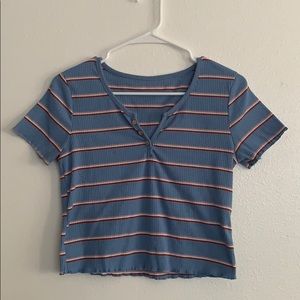 Short Sleeve V Neck Ribbed Knit Crop Top Tee Shirt
